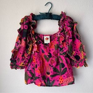 Farm Rio Pink Floral Ruffle Sleeve Women’s Top